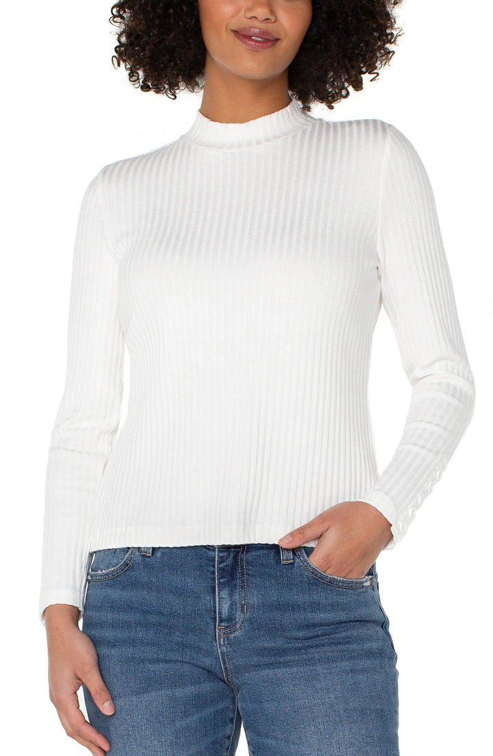 LONG SLEEVE MOCK NECK KNIT TOP W/BUTTON DETAIL - SNOW