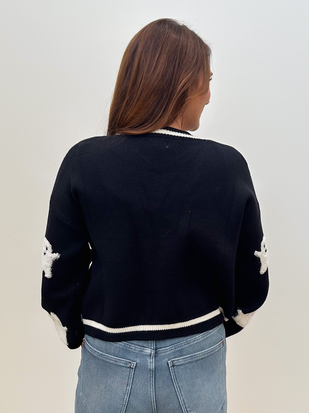 HALLOWEEN GHOST SWEATER CARDIGAN - BLACK