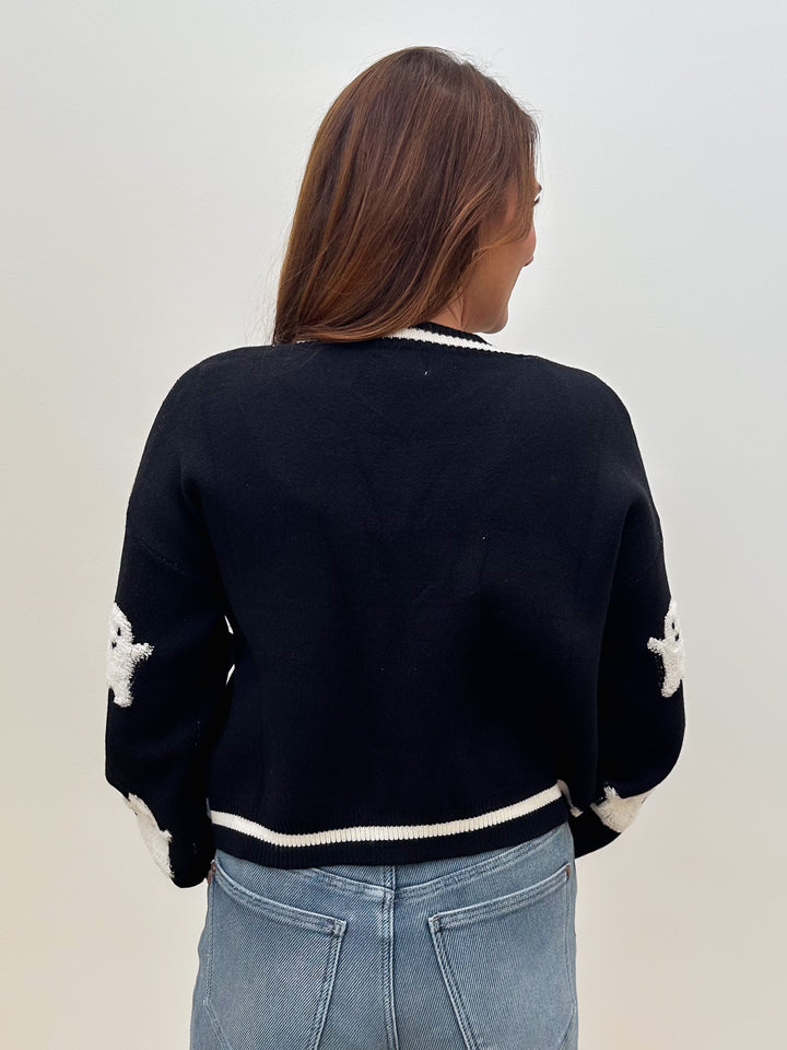 HALLOWEEN GHOST SWEATER CARDIGAN - BLACK