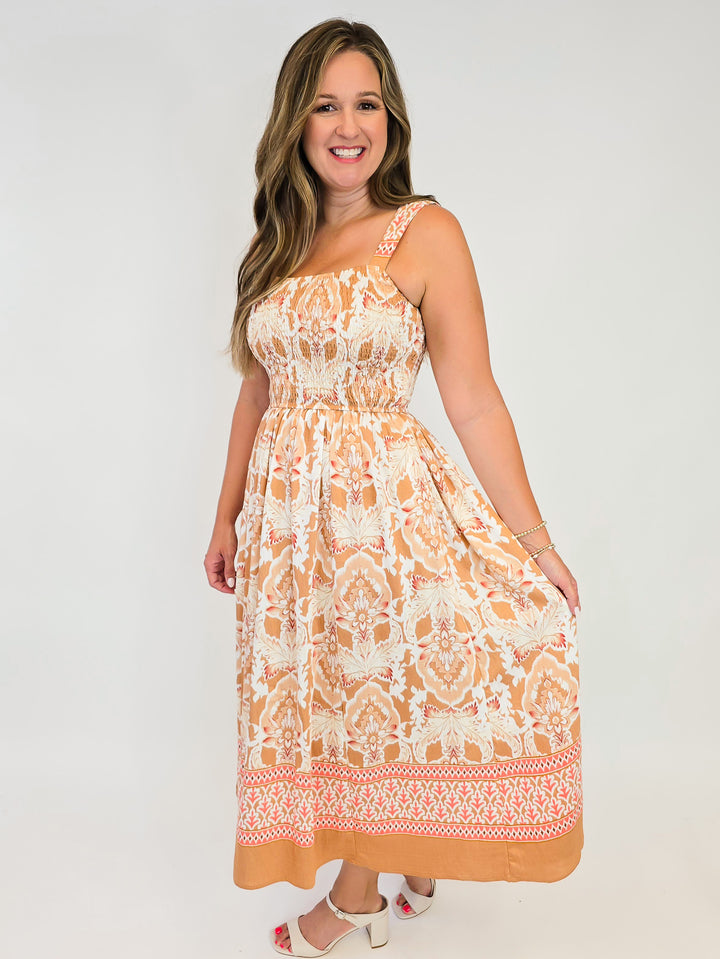 BOHO PRINTED SLEEVELESS MIDI DRESS - APRICOT