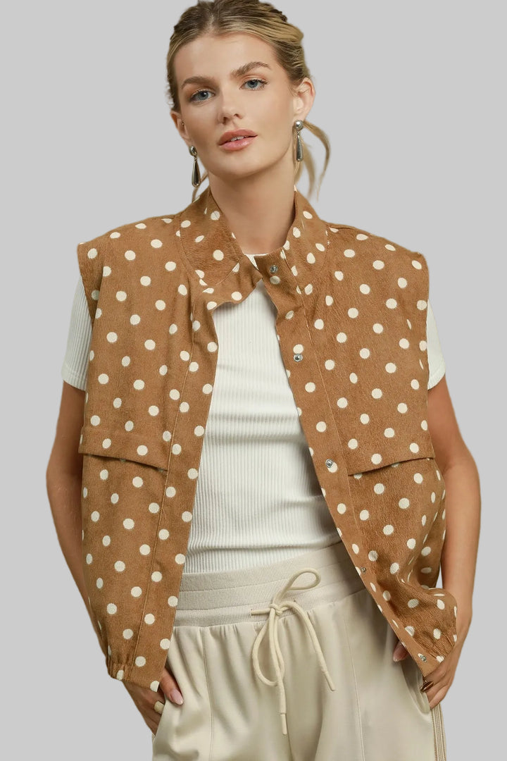 POLKA DOT HIGH NECK UTILITY VEST - CAMEL