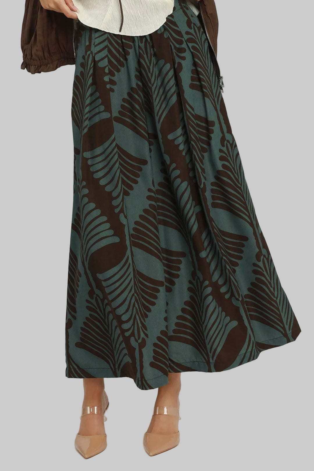 ABSTRACT BOTANICAL PRINT WIDE LEG PANTS - TEAL