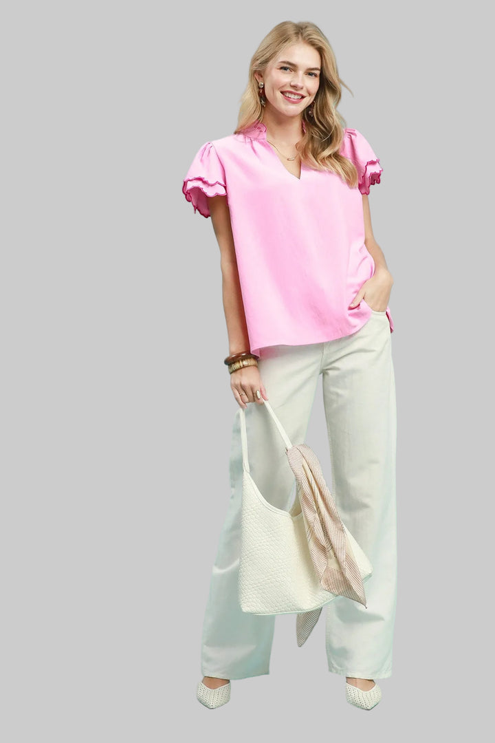 BUBBLE FLUTTER SLEEVE SCALLOPED FRILLED DETAIL NECK TOP - PEONY