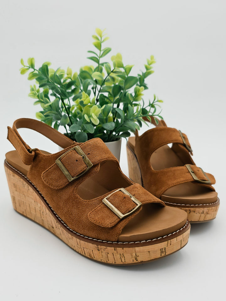 CORKY'S 'MY 2 CENTS' WEDGE BUCKLE SANDALS - TOBACCO FAUX SUEDE