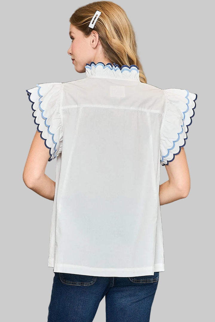 SCALLOPED RUFFLE SLEEVE SOLID TOP - OFF WHITE