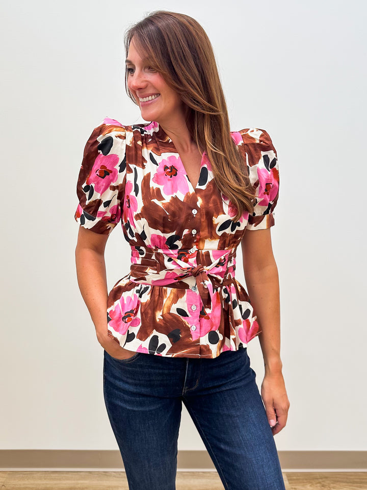 PUFF SLEEVE FLORAL SELF TIE WAIST TOP - BROWN/ROSE
