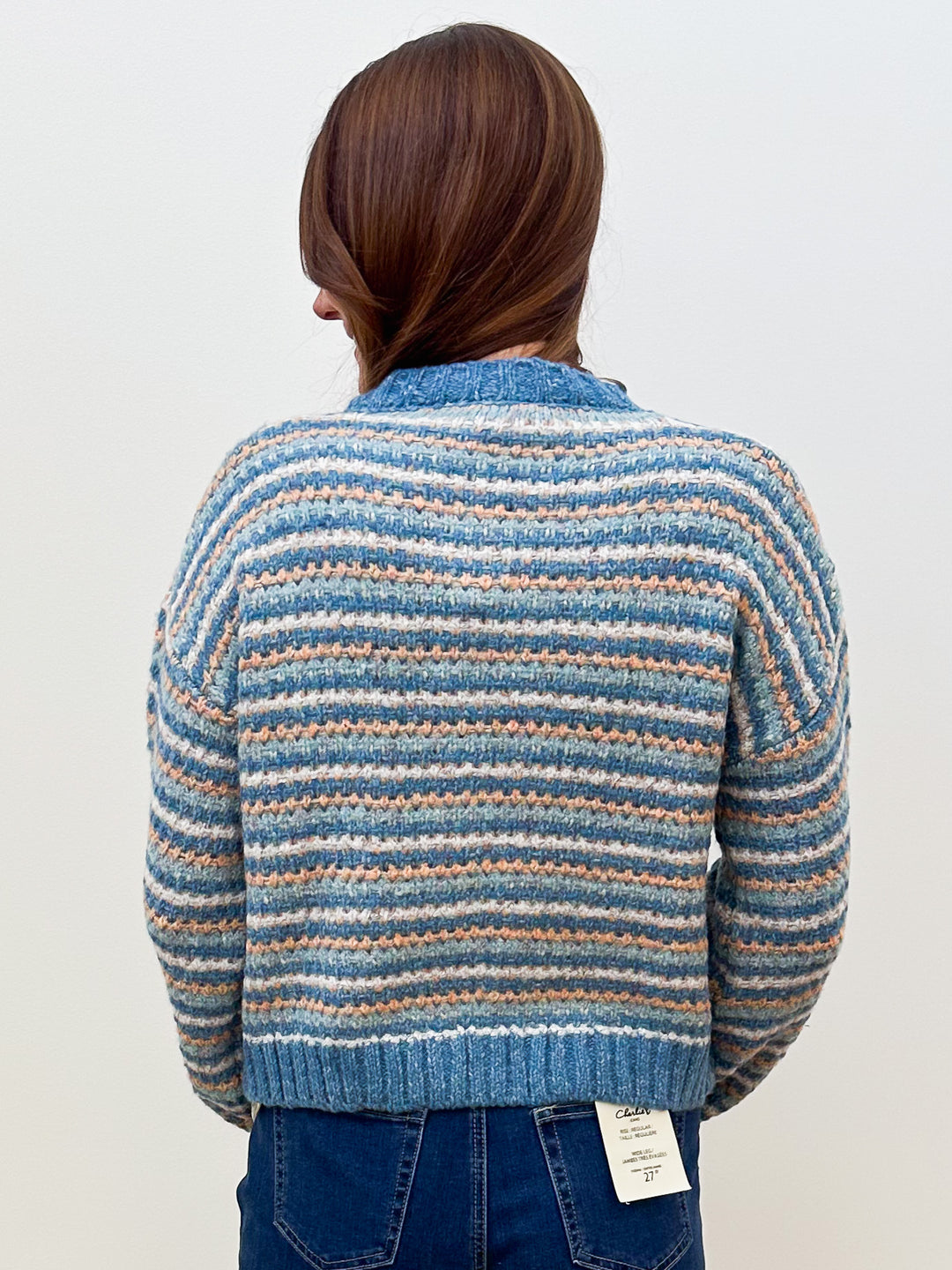 BUBBLE SLEEVE CHUNKY YARN CARDIGAN - AQUA/PEACH