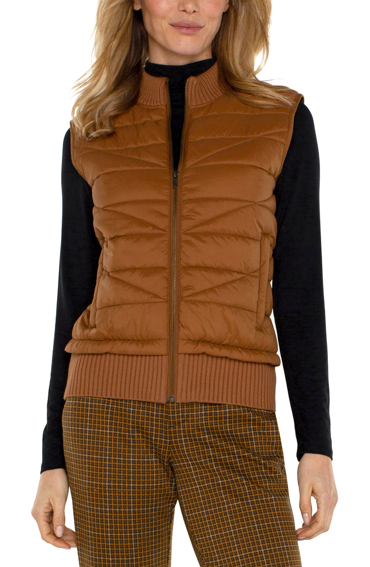 SLEEVELESS QUILTED FRONT FULL ZIP SWEATER VEST - TUMERIC