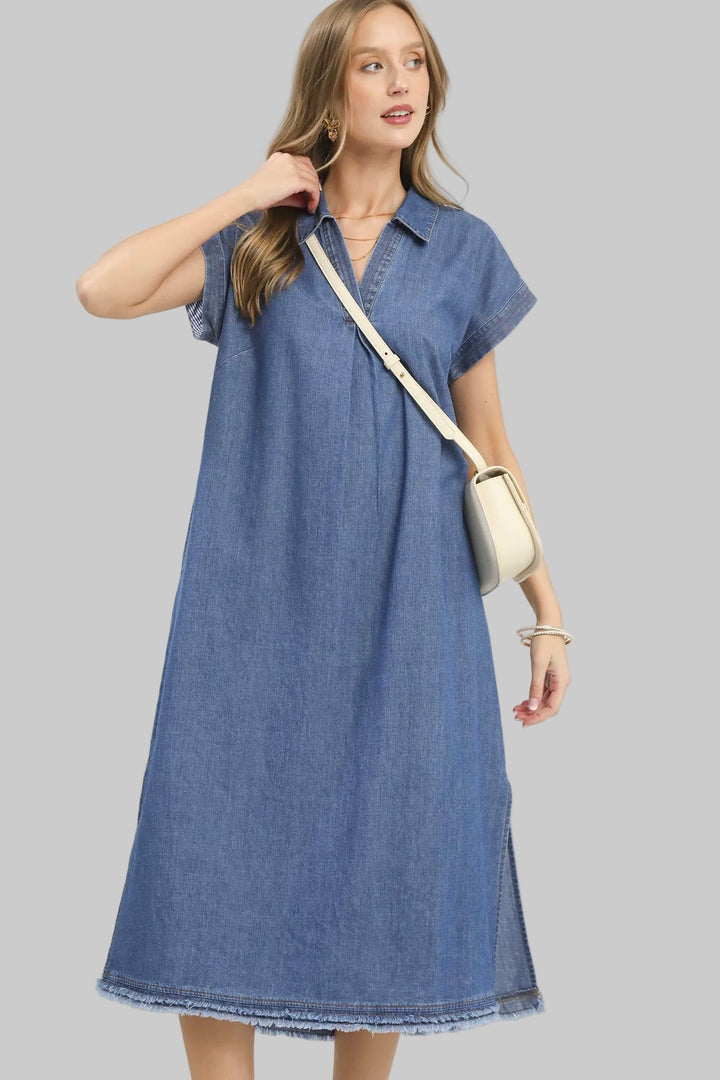STONE WASHED COLLARED DENIM MIDI DRESS - DENIM