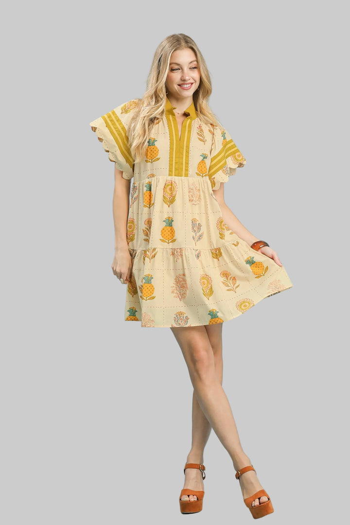 PRINTED SCALLOP SLEEVE V-NECK SHORT DRESS - ECRU