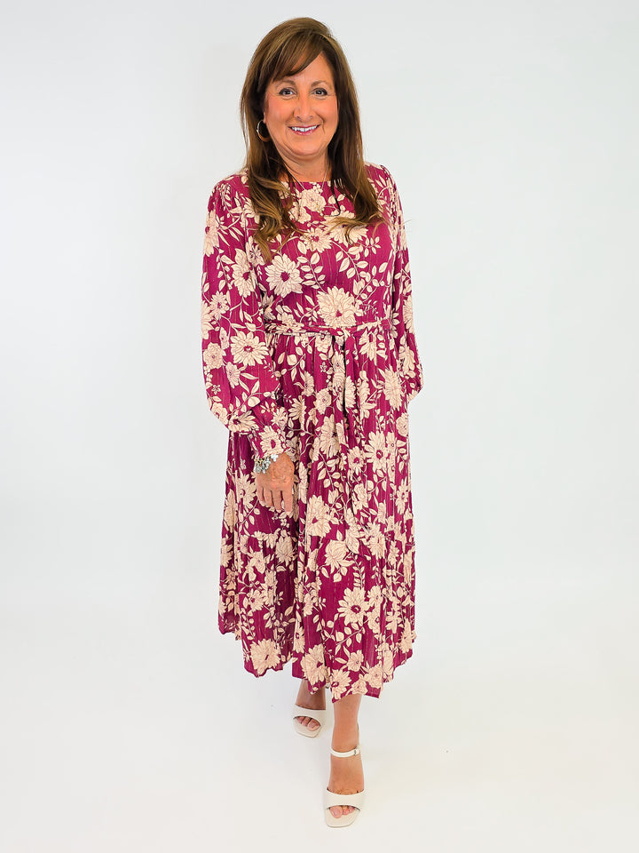 FLORAL RAYON GAUZE MIDI DRESS - WINE