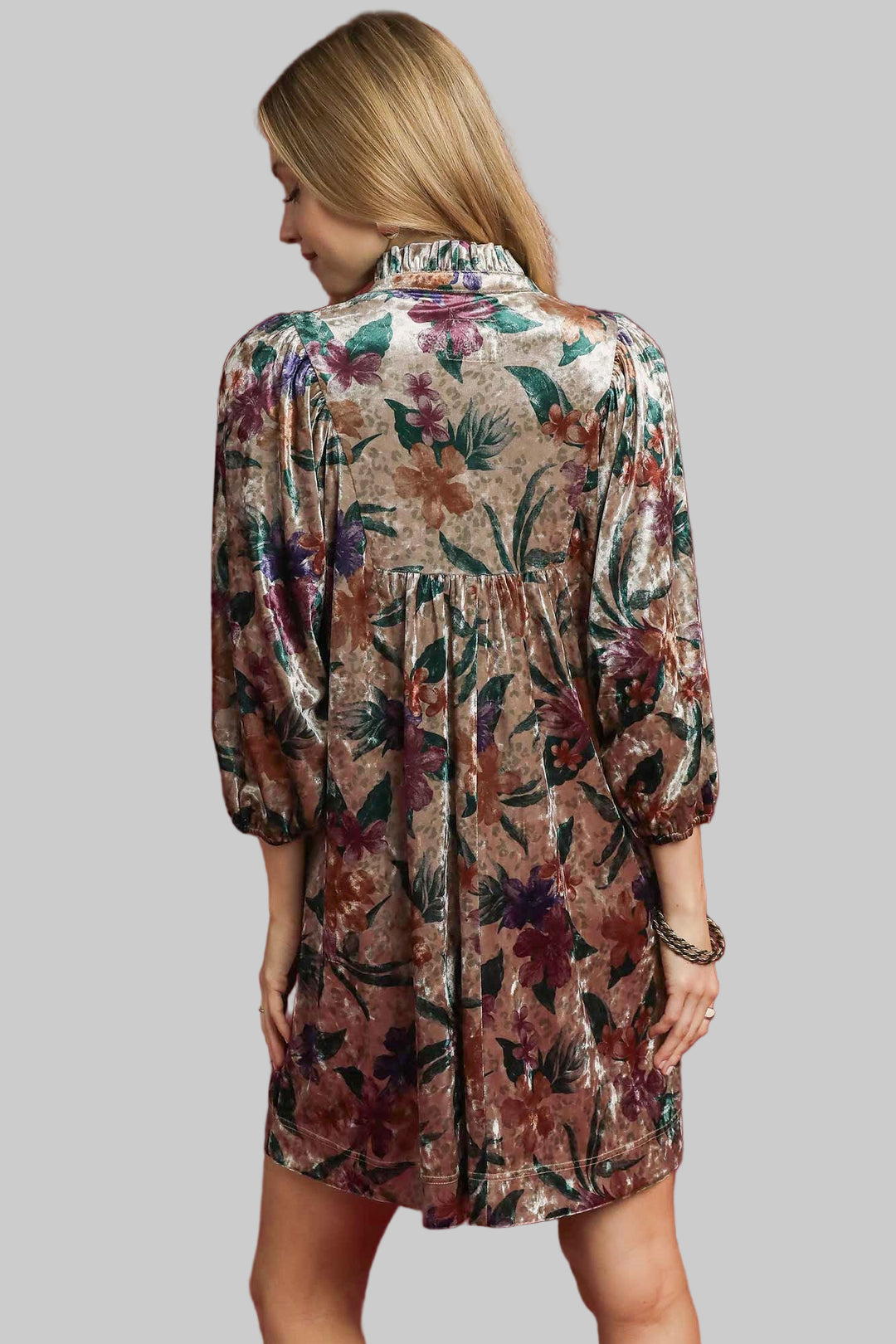 VELVET FLORAL PRINT BALLOON SLEEVE SHORT DRESS - TAN/DARK GREEN MIX