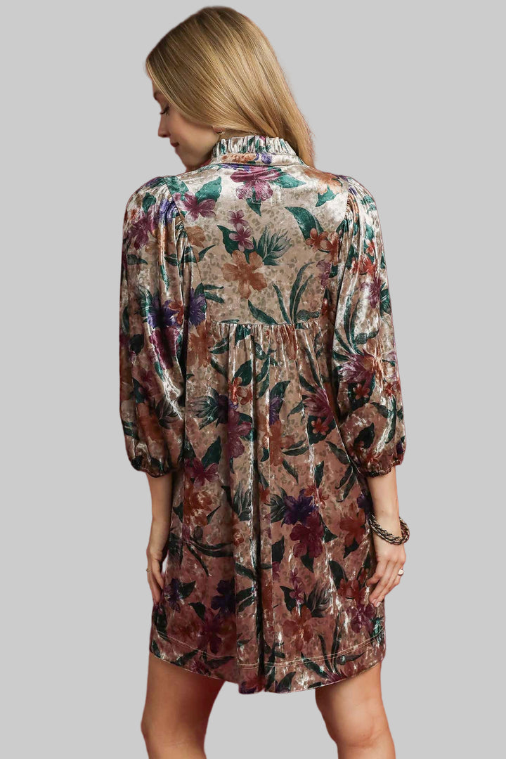 VELVET FLORAL PRINT BALLOON SLEEVE SHORT DRESS - TAN/DARK GREEN MIX