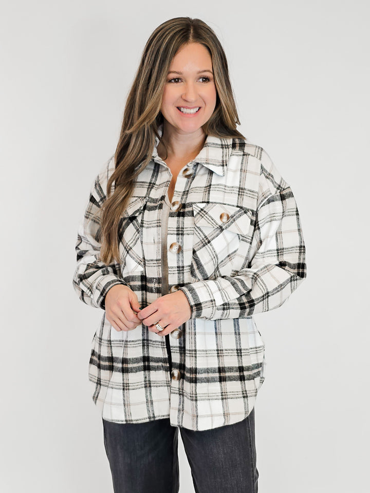 BUTTON FRONT PLAID SHACKET - BEIGE/BLACK