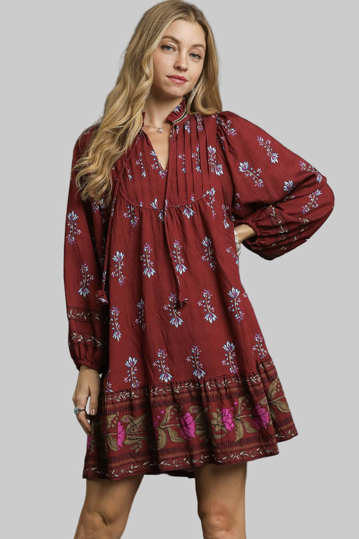 FLORAL PRINT RUFFLE SHORT DRESS - BURGUNDY