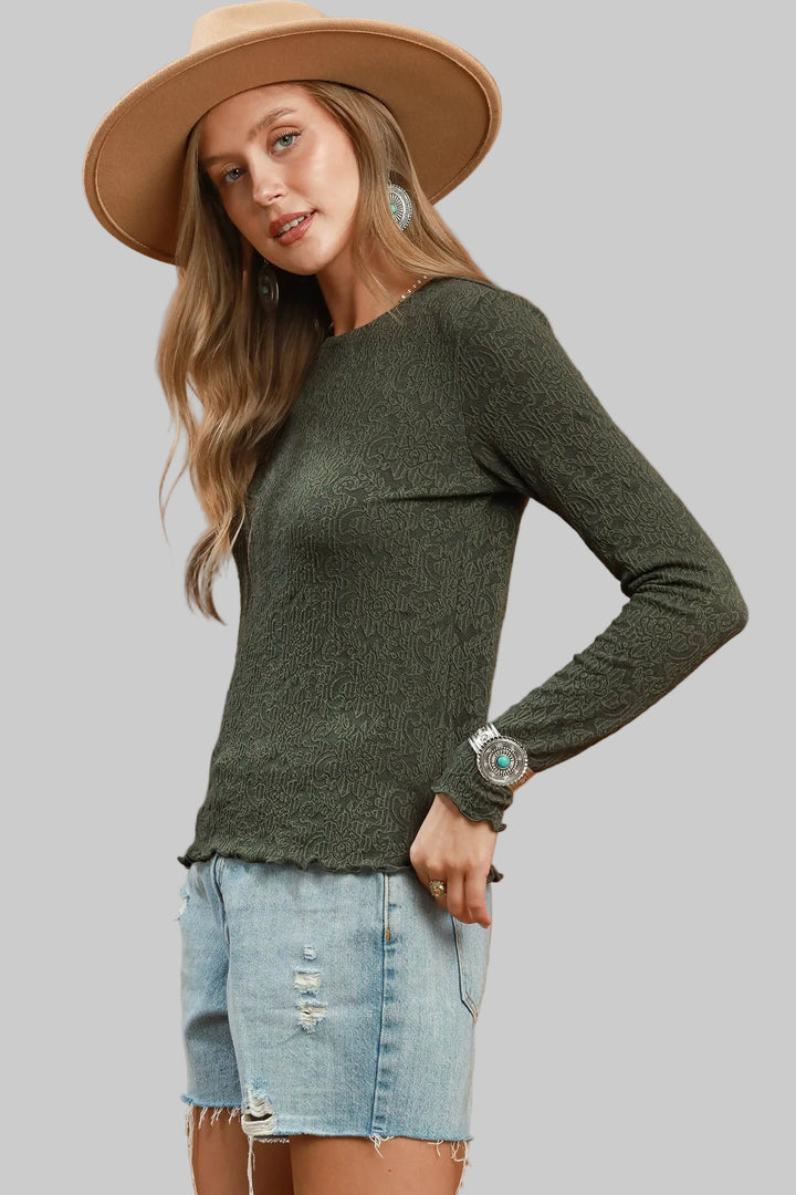 LONG SLEEVE TEXTURED FLORAL KNIT LETTUCE HEM TOP - OLIVE