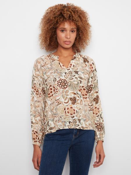 LONG SLEEVE PRINTED RAGLAN BLOUSE WITH NOTCH NECK - TAPESTRY