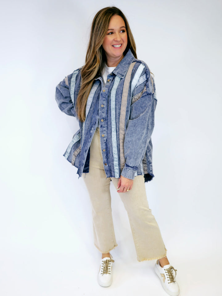 DENIM STRIPED BUTTON DOWN SHACKET - DENIM