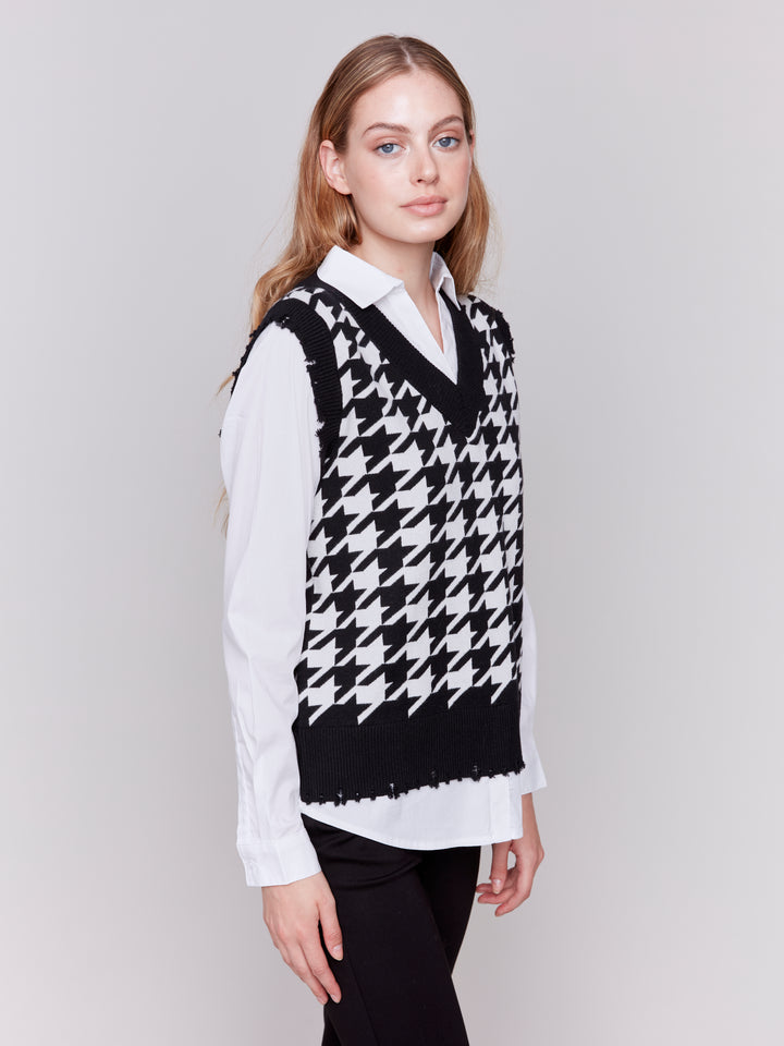 HOUNDSTOOTH FOOLER VEST W/SHIRT COLLAR - PEPPER