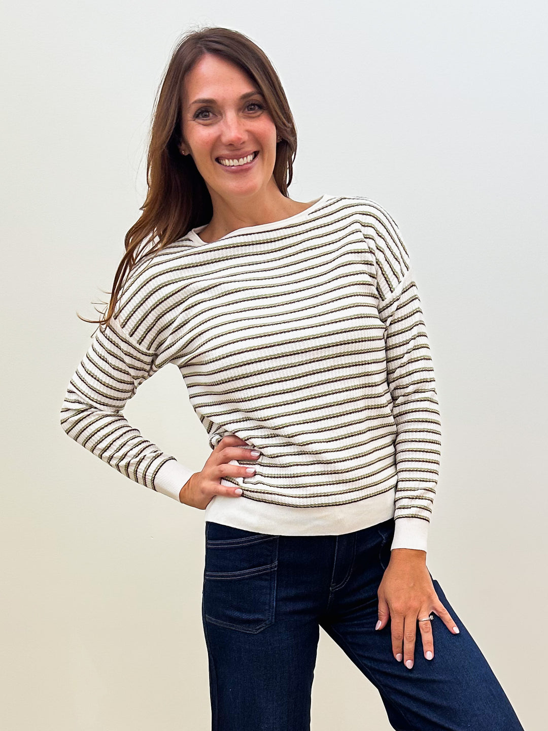 MULTI COLOR STRIPE TEXTURED CREW NECK TOP - OLIVE/BURGUNDY