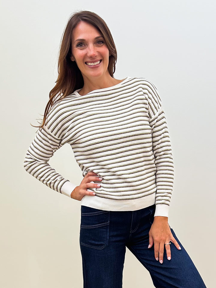 MULTI COLOR STRIPE TEXTURED CREW NECK TOP - OLIVE/BURGUNDY