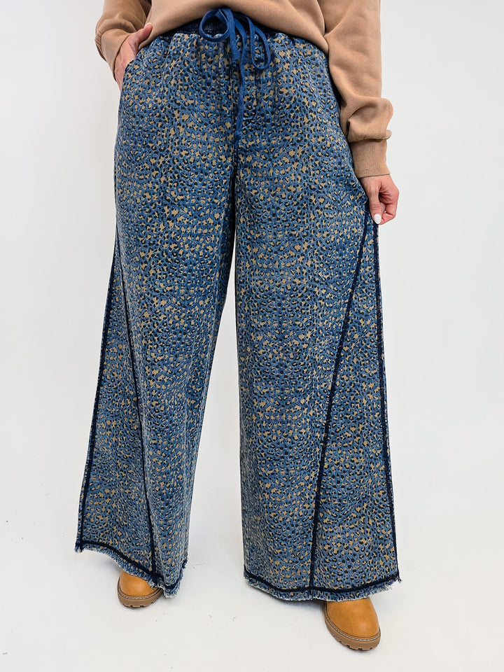 ANIMAL PRINT WASHED DENIM WIDE LEG PANTS - BLUE/TAN
