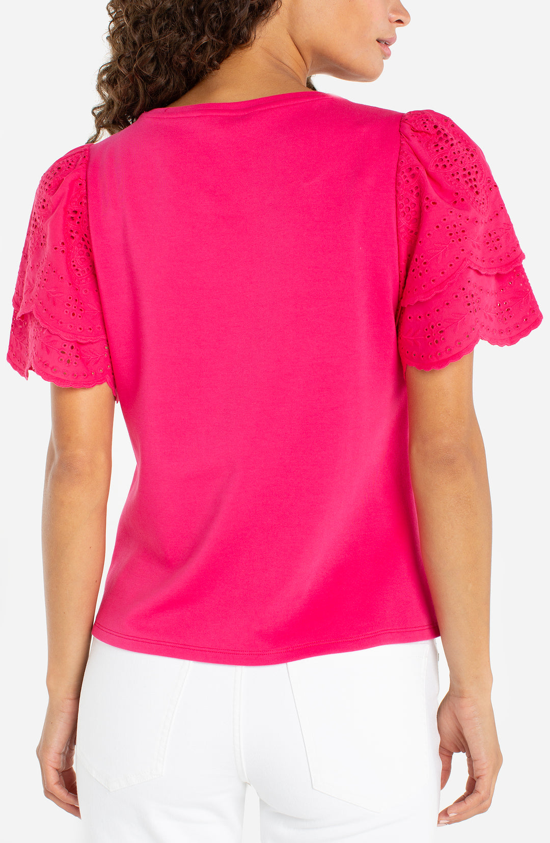 SHORT SLEEVE KNIT-TO-WOVEN TOP W/EMBROIDERY - DIVA PINK