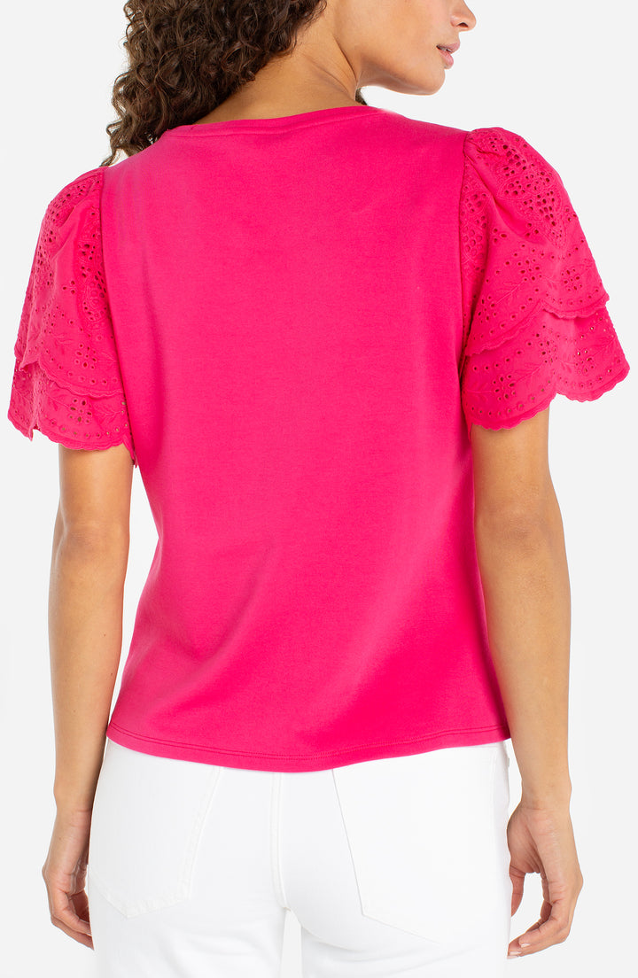 SHORT SLEEVE KNIT-TO-WOVEN TOP W/EMBROIDERY - DIVA PINK