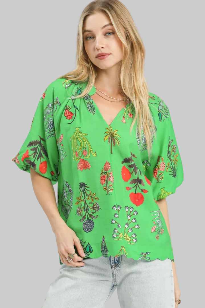 PUFF SLEEVE SCALLOPED EDGE FLORAL PRINT TOP - GREEN MIX