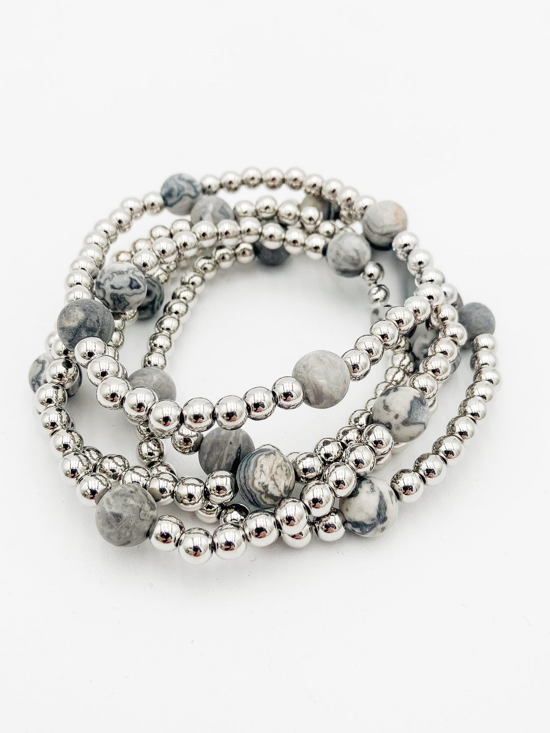 S/5 ROUND STONE STRETCH BRACELETS - SILVER