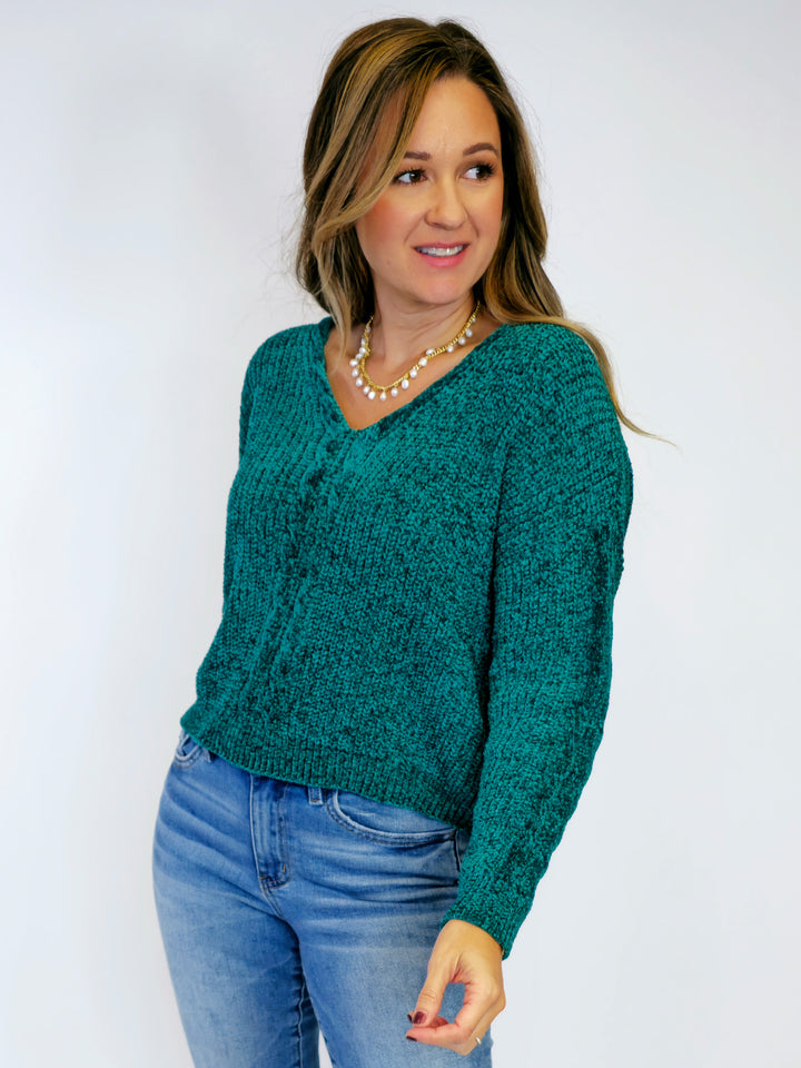 CHENILLE V-NECK SWEATER - TEAL