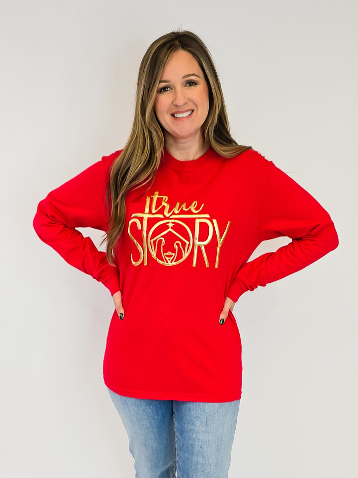 LONG SLEEVE 'TRUE STORY' GOLD METALLIC TEE - RED
