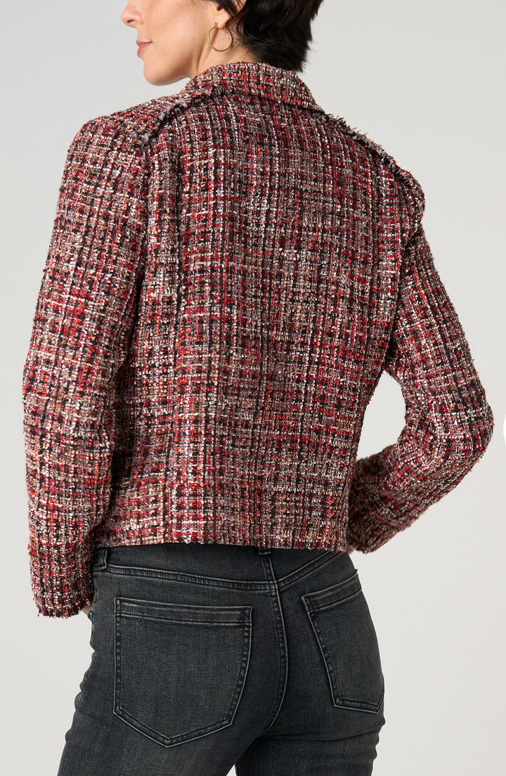 COLLARED ZIP JACKET W/FRINGE - RED MULTI