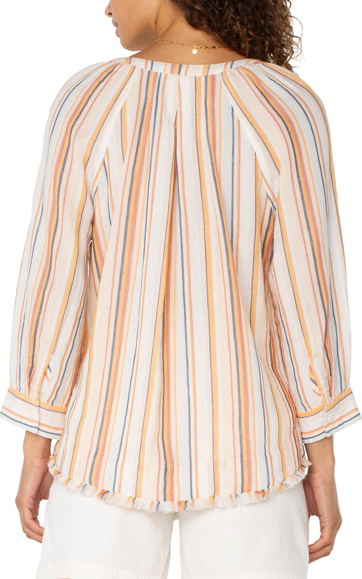 3/4 SLEEVE PLEATED RAGLAN WOVEN TOP W/FRAY HEM - ORANGE STRIPE