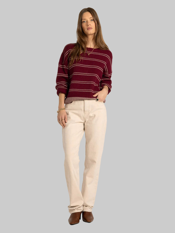LONG SLEEVE ELY SWEATER - WINE IVORY STRIPE