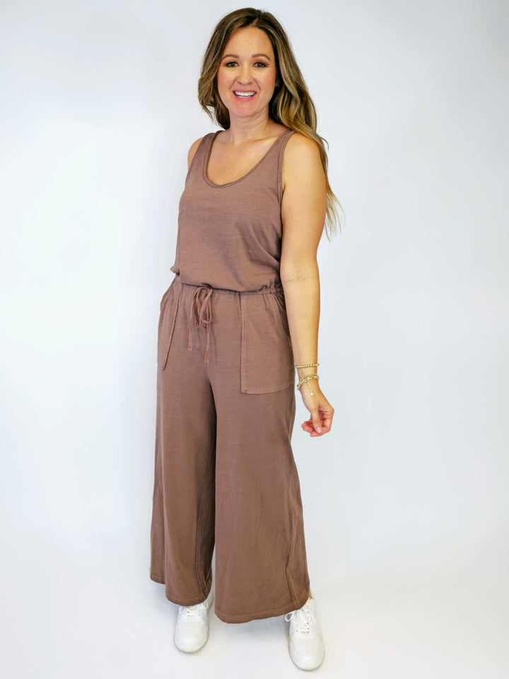 COTTON TANK JUMPSUIT W/WIDE LEGS - MOCHA