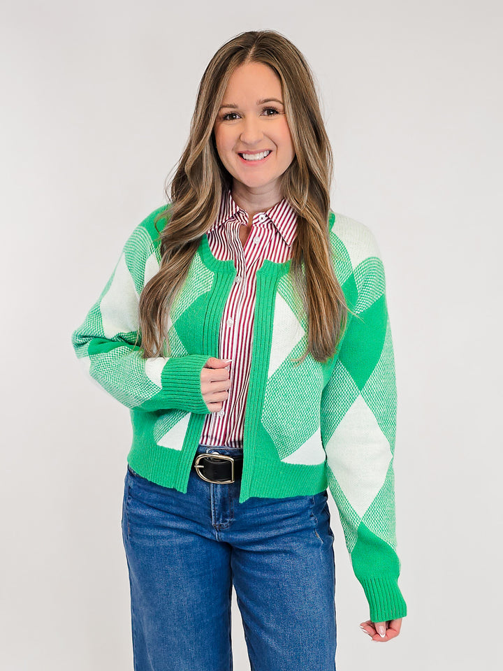 LONG SLEEVE OPEN FRONT CARDIGAN - GREEN/WHITE