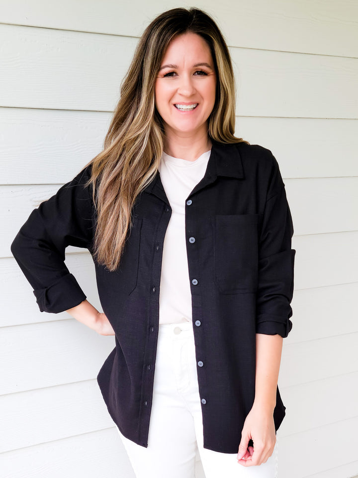 Linen Blend Oversized Shirt Jacket - Black