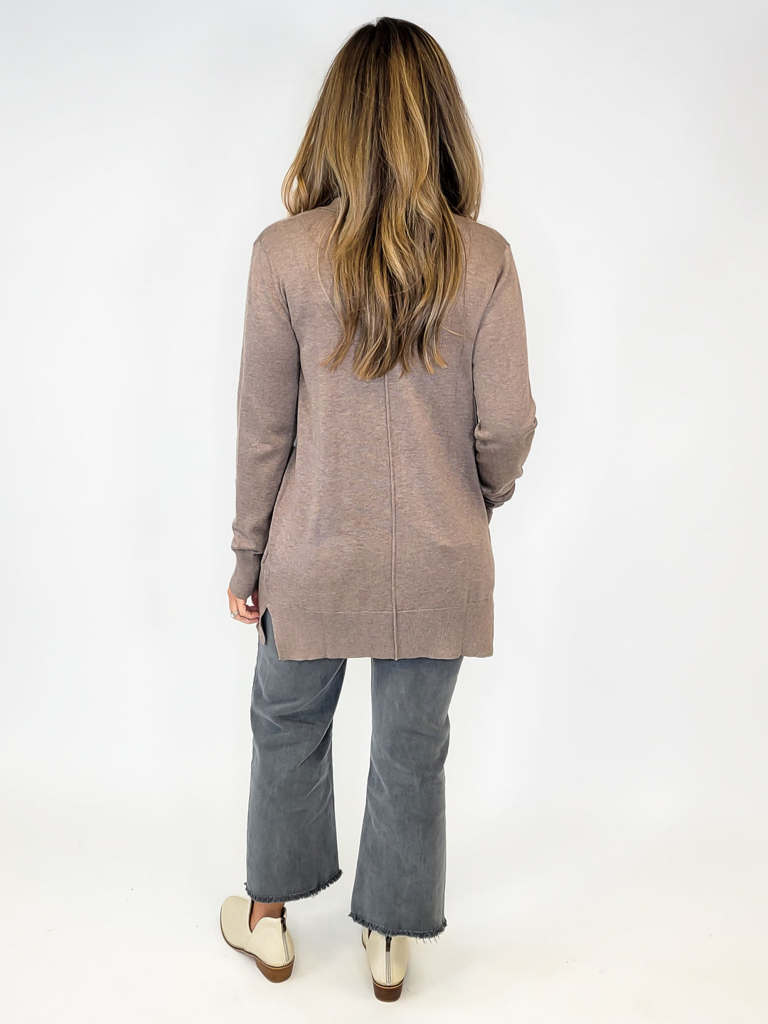 Solid Open Knit Cardigan w/ Ribbed Hem - Taupe