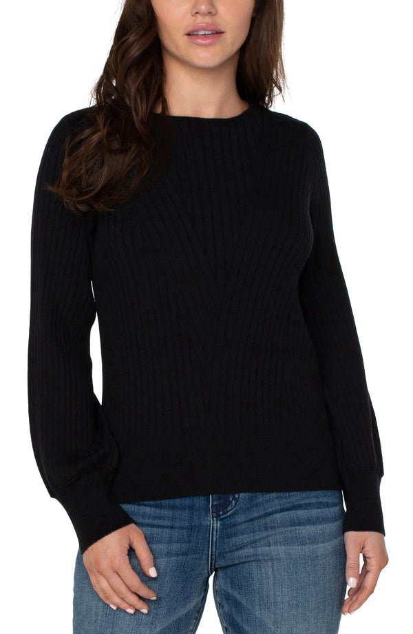 LONG SLEEVE CEW NECK SWEATER W/ RIBBED DETAIL - BLACK