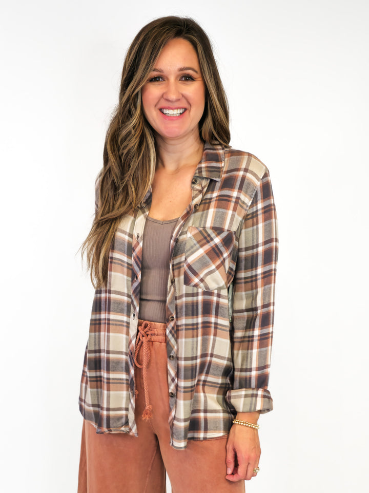 LONG SLEEVE BUTTON FRONT CLASSIC FLANNEL - BURNT ORANGE/SAGE