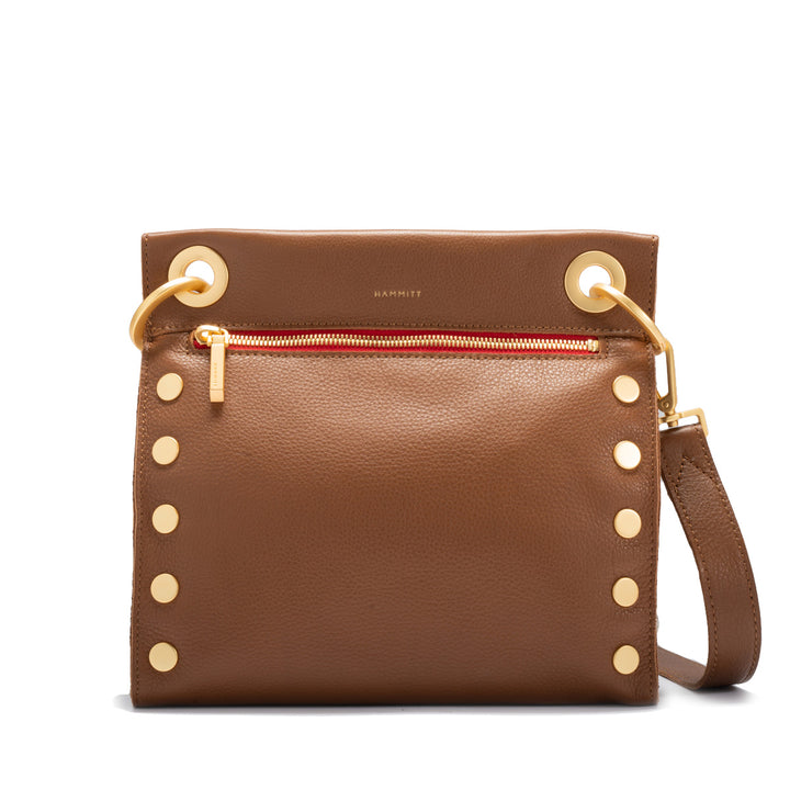 HAMMITT TONY MEDIUM CROSSBODY BAG - MAHOGANY PEBBLE/BRUSHED GOLD RED ZIP