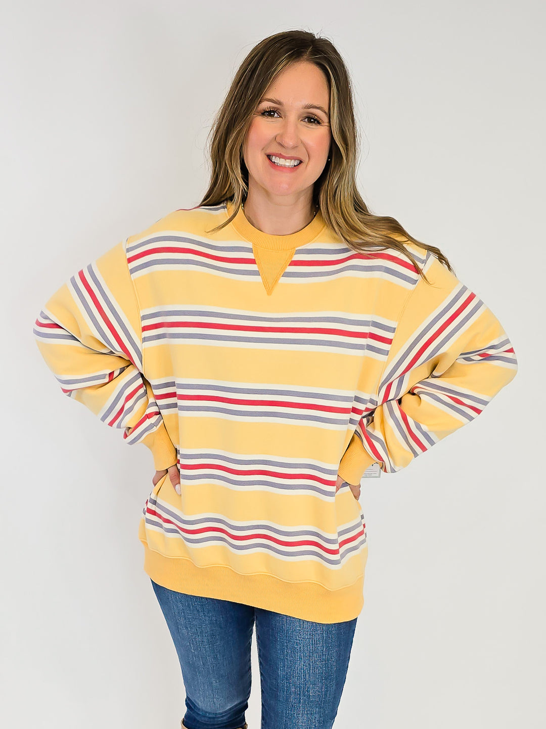 RETRO STRIPED CREW NECK SWEATSHIRT - MUSTARD