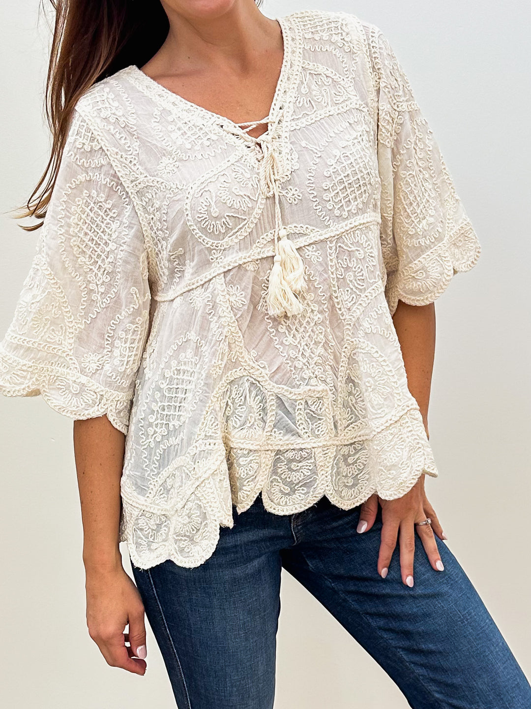 HALF SLEEVE EMBROIDERED BABYDOLL TUNIC - NATURAL