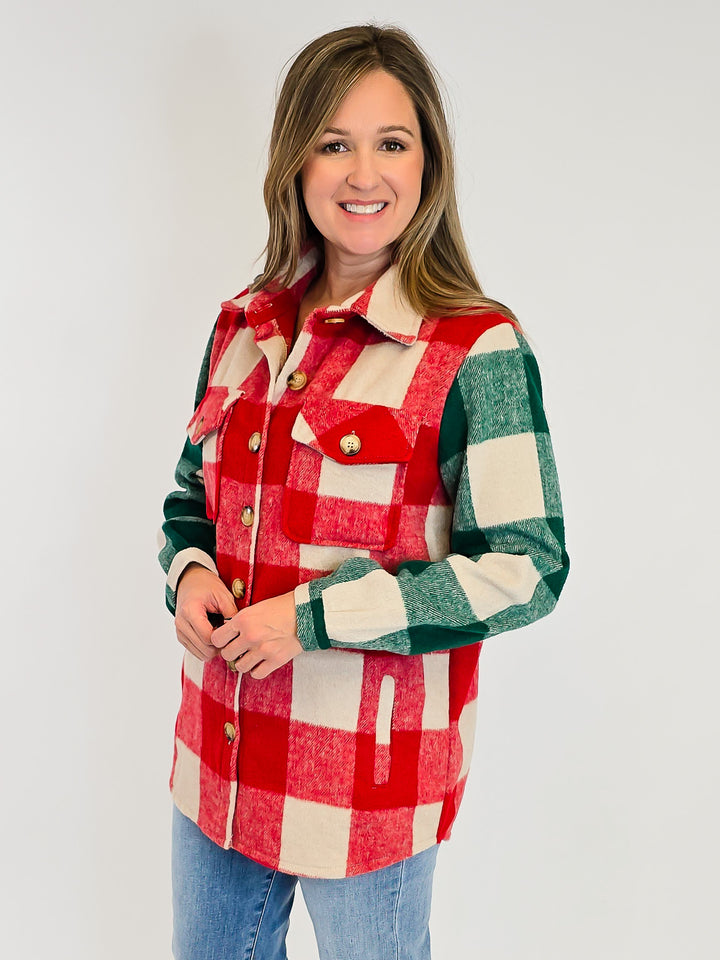 HOLLY & PINE PLAID SHACKET - RED/HUNTER GREEN