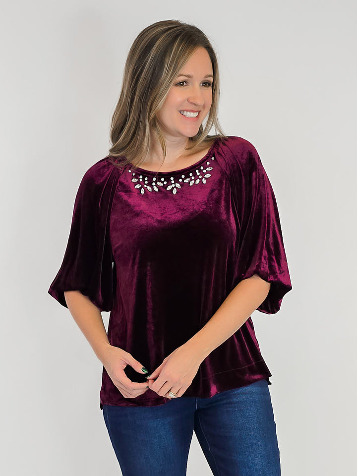 VELVET HALF BALLOON SLEEVE TOP W/RHINESTONES - WINE