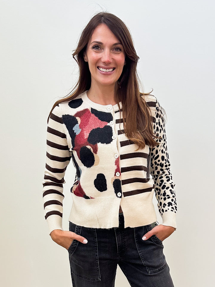 L/S ANIMAL PRINT &amp; STRIPED CARDIGAN - BISCUIT