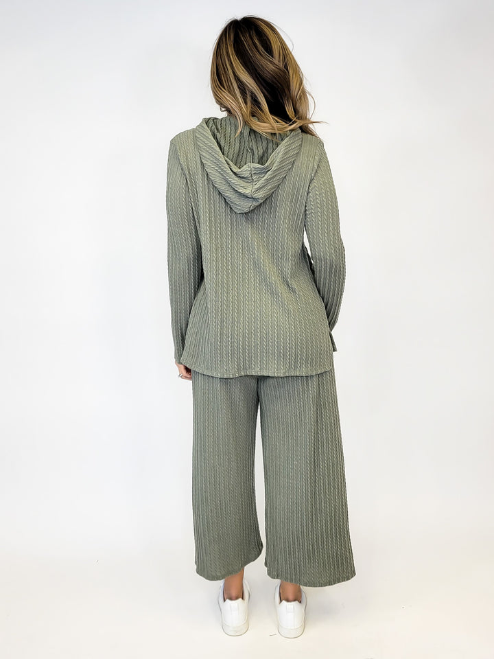 CABLE KNIT HOODIE TOP - SAGE