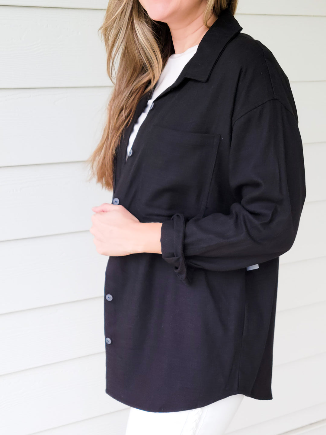Linen Blend Oversized Shirt Jacket - Black