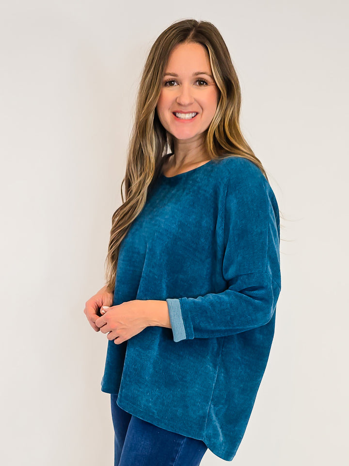 3/4 SLEEVE TEXTURED DROP SHOULDER TOP - ONE SIZE - DARK TEAL